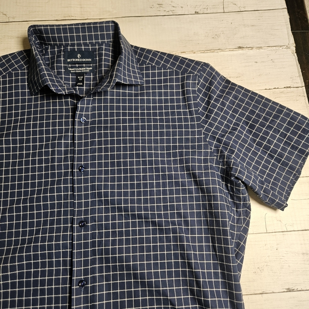 BUTTONED‎ DOWN Men’s Tailored Stretch Shirt 16.5 42 Navy Blue Graph Check SS